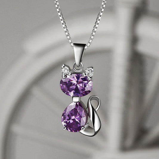 Cute Natural Amethyst Cat Pendant Necklace