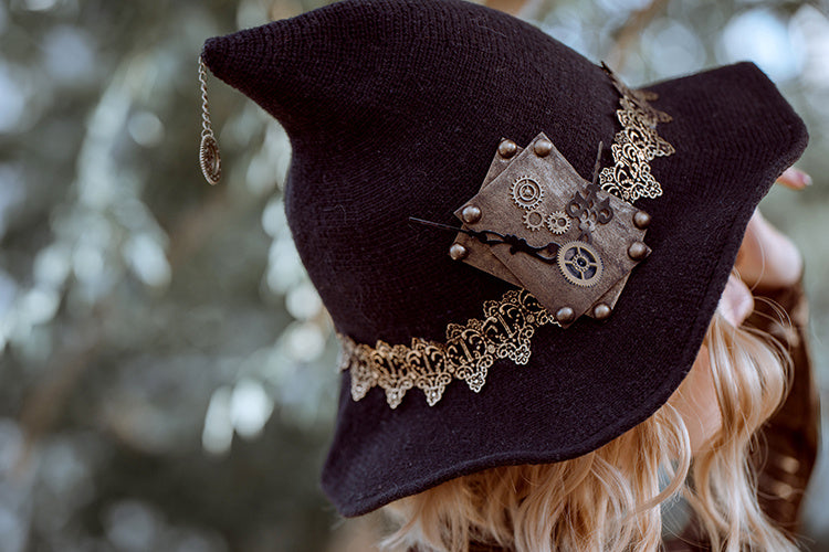 Women's Steampunk Halloween Witch Hat Black Knitted Wool For Party Masquerade Cosplay Costume