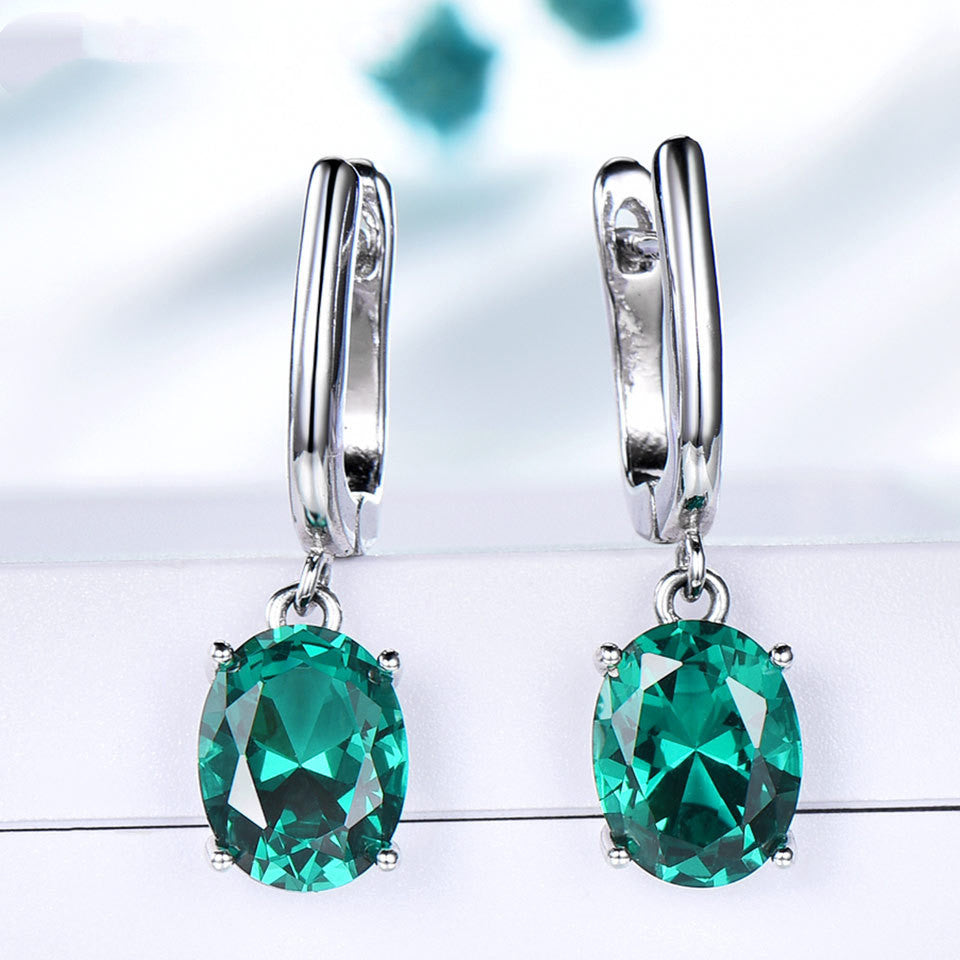 Earrings Women Fashion Zircon S925 Sterling Silver Emerald Long Clip