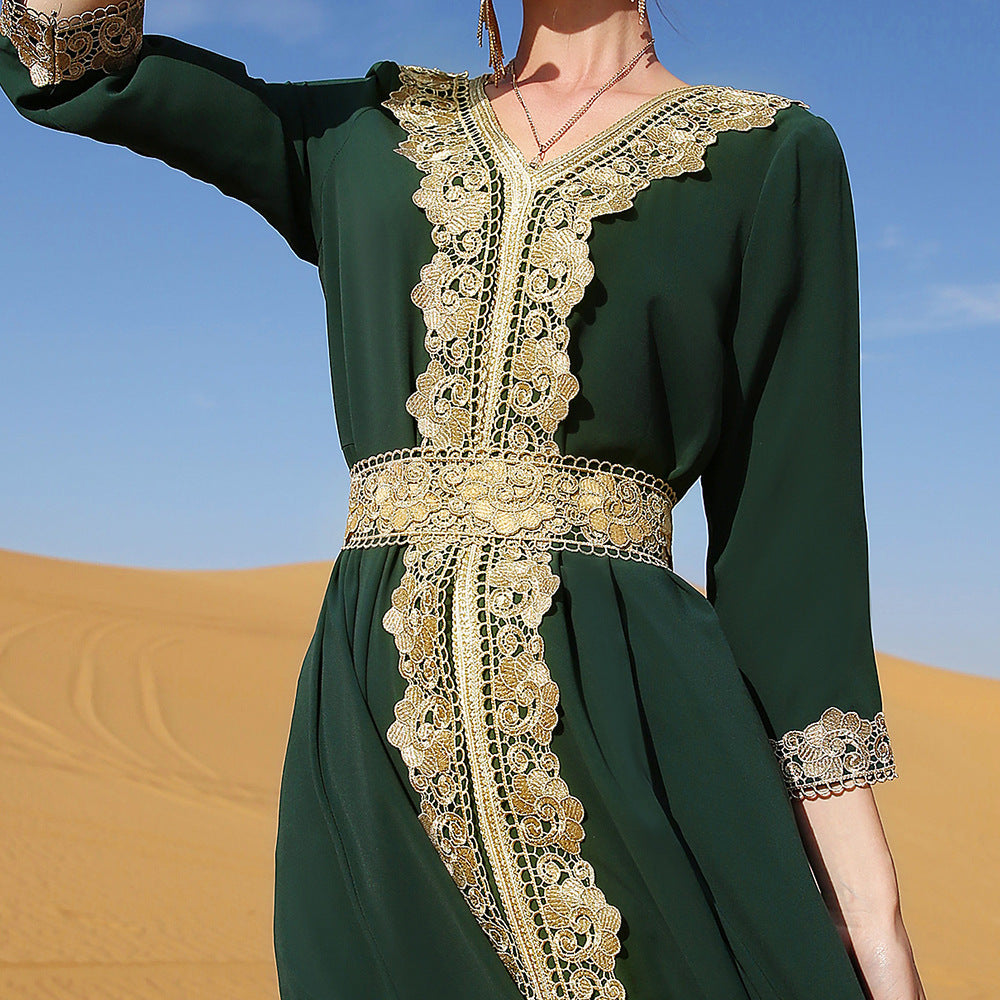 Fashion Women's Dark Green Embroidered Lace Dress