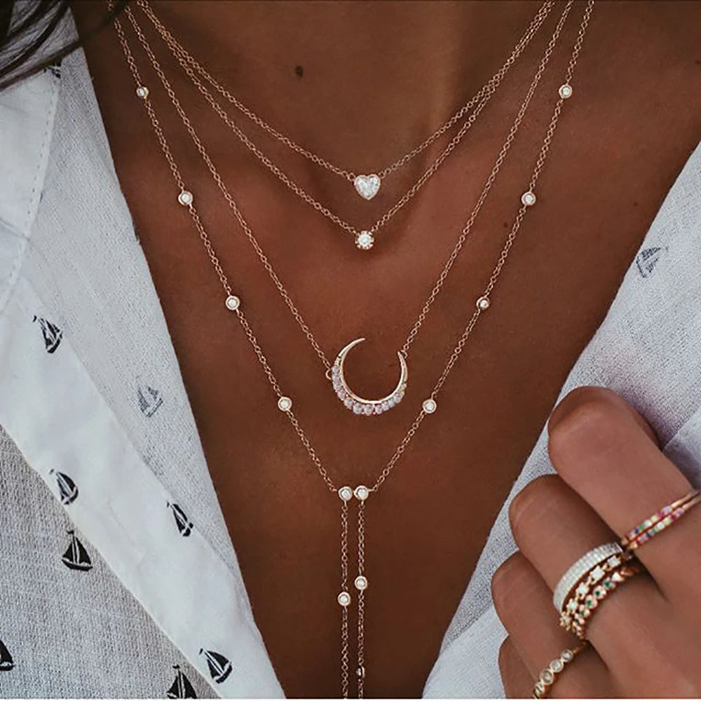 New Vintage Crystal Geometry Star Moon Lock Necklace For Women 2020 Boho Multi-level Pendants Necklaces Chokers Jewelry Gift