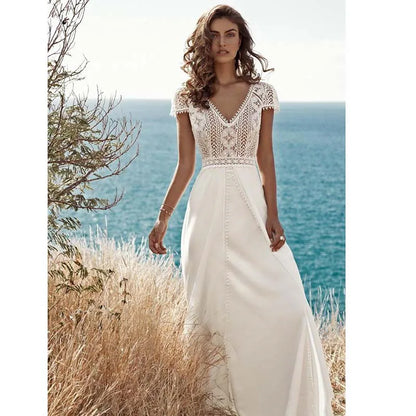 Boho Lace Chiffon Wedding Dresses 2023 V Neck Backless Beach Bride Dress Cap Sleeve Sweep Train Bohemian Robe de mariee A Line