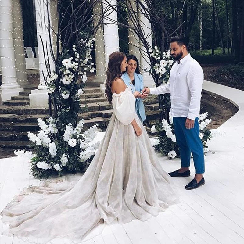 Boho Off The Shoulder Princess Wedding Dress Sweetheart Appliqued Puff Sleeves Bride Dress A-Line Backless For Bride Gown 2023