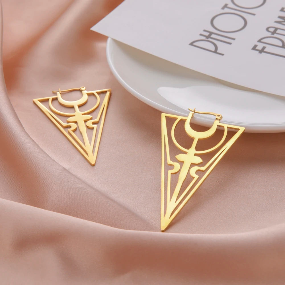 LIKGREAT Gothic Triangle Geometric Black Hoop Earrings For Women Stainless Steel Moon Drop Earrings Wicca Amulet Jewelry Gift