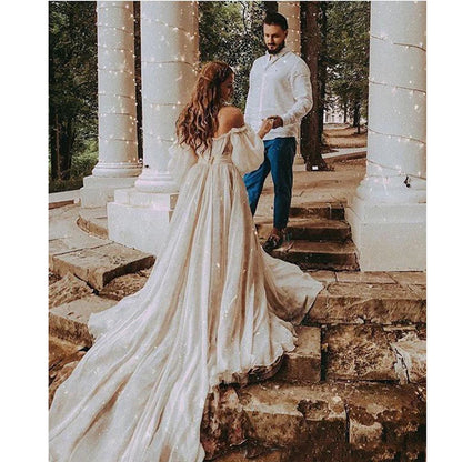 Boho Off The Shoulder Princess Wedding Dress Sweetheart Appliqued Puff Sleeves Bride Dress A-Line Backless For Bride Gown 2023