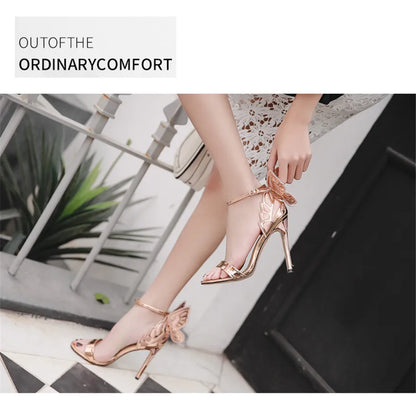 New Design Butterfly Wings Sandals Women Sexy Stiletto Patent Leather Party Dress Open Toe Buckle High Heels Platform Shoes Lady