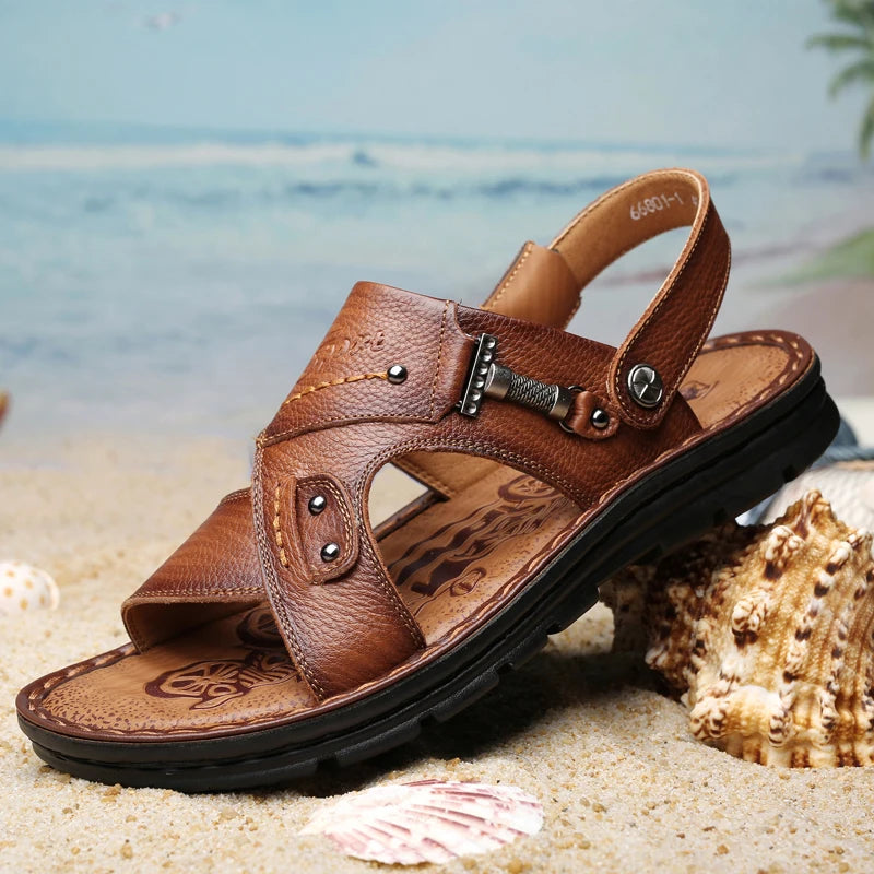 Fashion  Men Sandals Genuine Leather Summer Beach Slippers Outdoor Soft Platform shoes men Dual use slippers Plus size 45 46 47