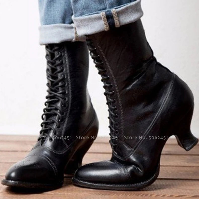 Medieval Vintage Gothic Retro Women Lady Witch Ankle Boots Winter Carnival Lace Up PU Leather High Heel Cosplay Shoes Plus Size