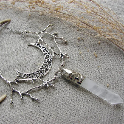 White Crystal Crescent Moon Branches Necklace Pendant Charm Fantasy Forest Twig Statement Women Gift Wedding Wicca Jewellery