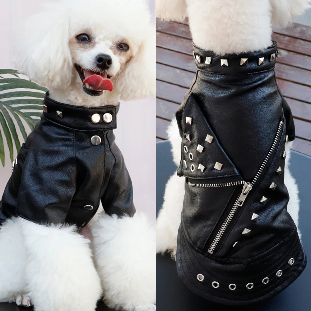 Cool Leather Dog Jacket Coat Warm Winter Dog Clothes French Bulldog Waterproof Pet Clothing Outfit for Small Medium Dogs Black