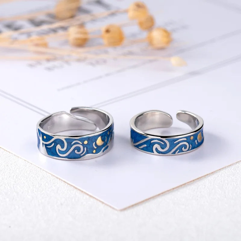 New Blue Starry Sky Lovers Drop Glaze Ring Fashion Men Women Silver Plated Dual Color Opening Ring Trend Men Women Lover Gifts