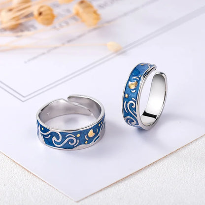 New Blue Starry Sky Lovers Drop Glaze Ring Fashion Men Women Silver Plated Dual Color Opening Ring Trend Men Women Lover Gifts