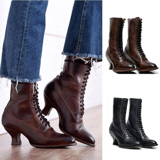 Medieval Vintage Gothic Retro Women Lady Witch Ankle Boots Winter Carnival Lace Up PU Leather High Heel Cosplay Shoes Plus Size