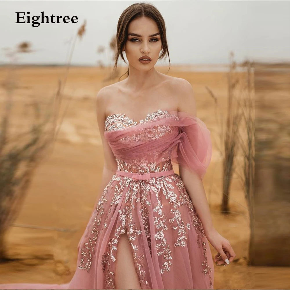 Eightree Pink Long 2024 Flower Sleevless Prom Dress Appliques Sweetheart High Side Slit Floor Length Evening Party Dresses Gowns