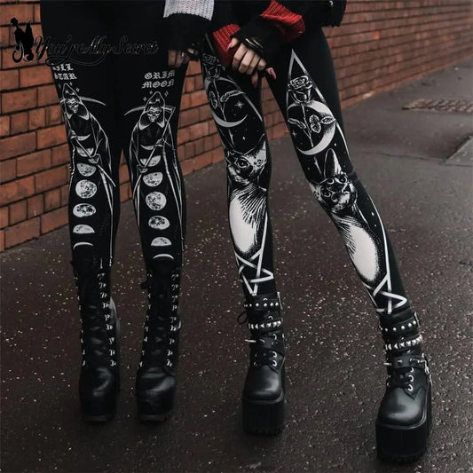 [You\'re My Secret] 2023 New Gothic Leggings for Women Ouija Workout Pants Dark Grunge Cat Skull Leggings Sexy Black Leggings