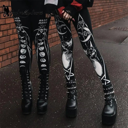 [You're My Secret] 2023 HOT Gothic Leggings For Women Ouija Workout Pants Dark Grunge Black Cat Skull Leggins Devil Satan Legins