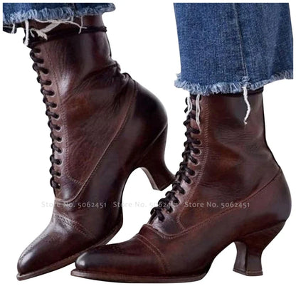 Medieval Vintage Gothic Retro Women Lady Witch Ankle Boots Winter Carnival Lace Up PU Leather High Heel Cosplay Shoes Plus Size