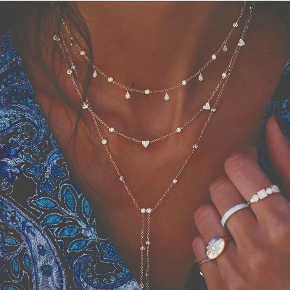 New Vintage Crystal Geometry Star Moon Lock Necklace For Women 2020 Boho Multi-level Pendants Necklaces Chokers Jewelry Gift