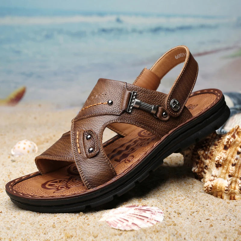 Fashion  Men Sandals Genuine Leather Summer Beach Slippers Outdoor Soft Platform shoes men Dual use slippers Plus size 45 46 47