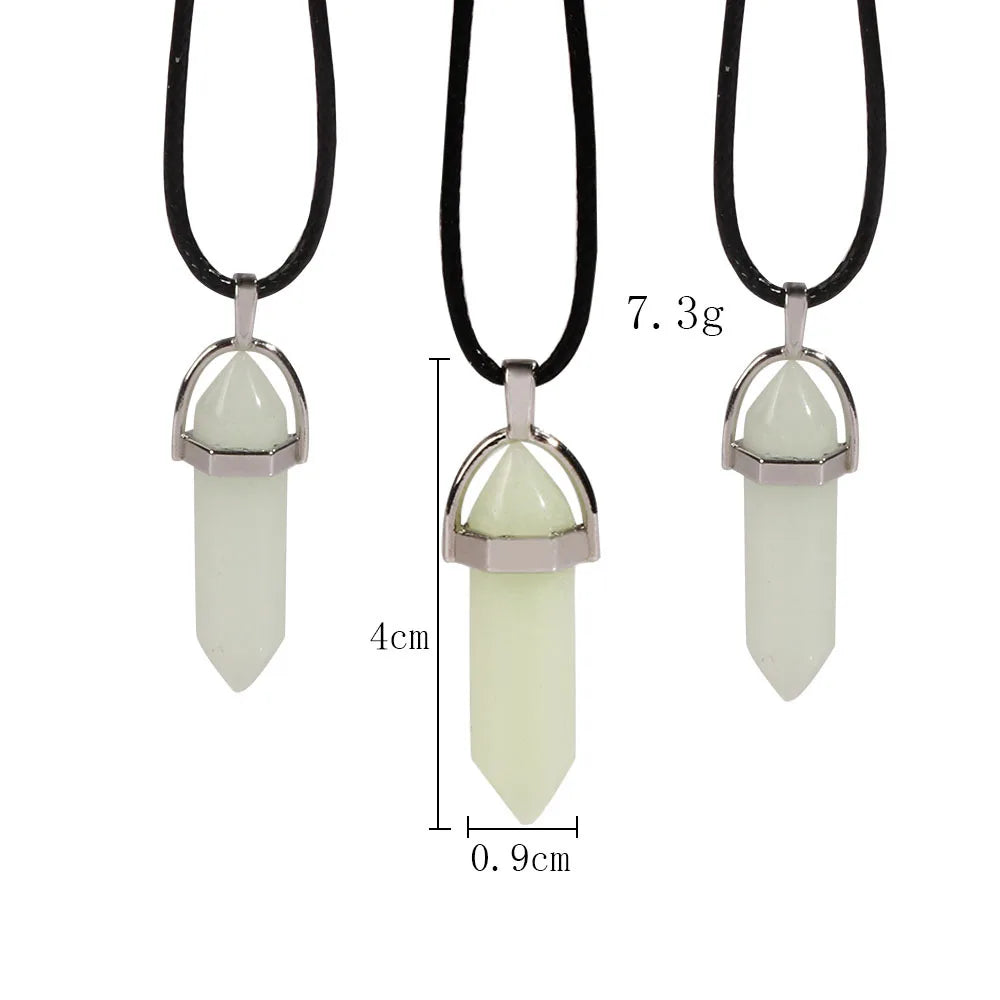 Dark Luminous Stone Fluorescent Hexagonal Column Necklace Natural Crystal Glowing in Bullet Pendant Leather Fashion Jewelry Gift