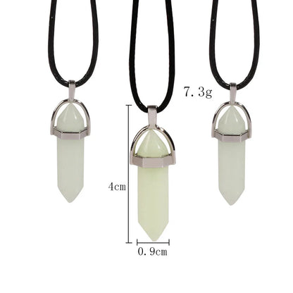 Dark Luminous Stone Fluorescent Hexagonal Column Necklace Natural Crystal Glowing in Bullet Pendant Leather Fashion Jewelry Gift