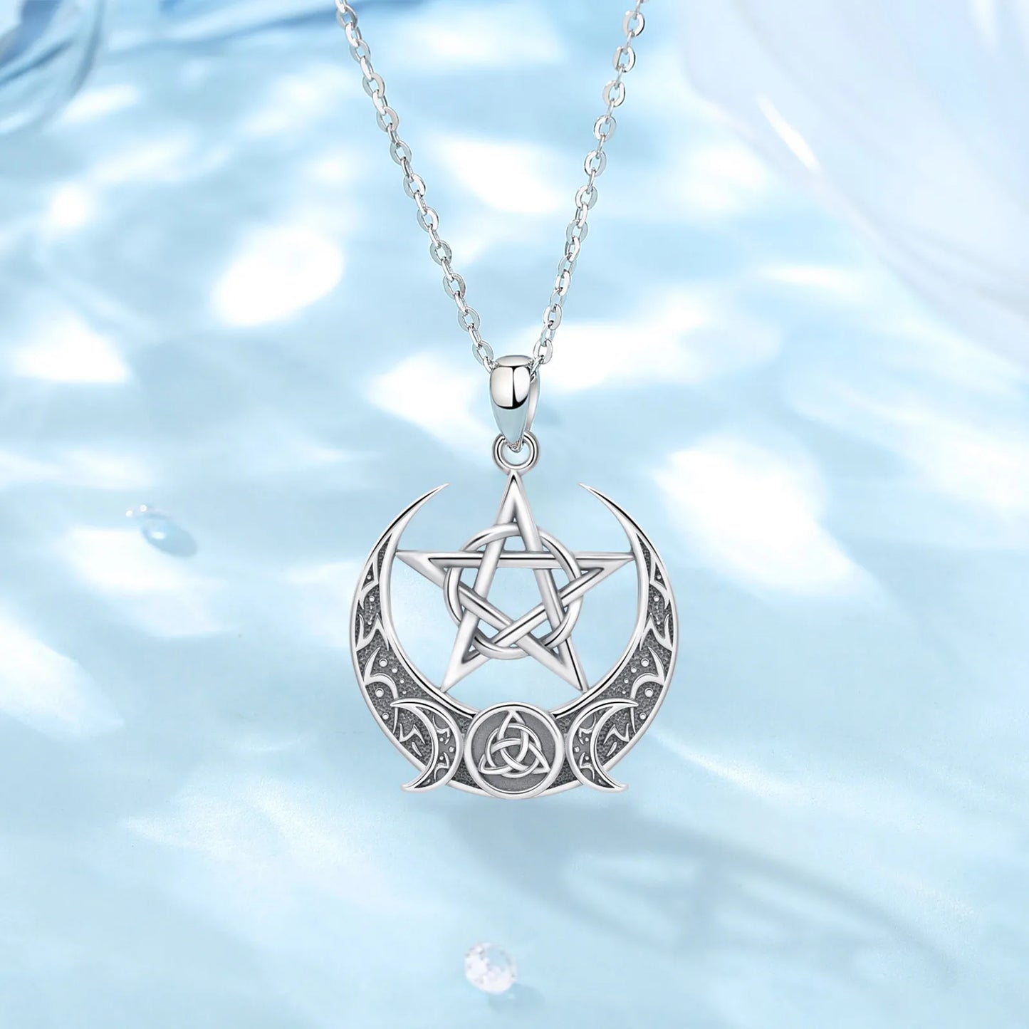 Eudora 925 Sterling Silver Witch Pentagram Necklace for Man Women Celtic Knot Triple Moon Goddess Witchcraft Pendant Wicca Gift