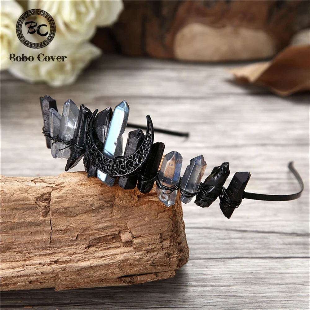 Gothic Natural Crystal Moon Hair Jewelry Women Raw Quartz Tiara Wicca Witch Headdress Electroplated Colorful Creative Prom Crown