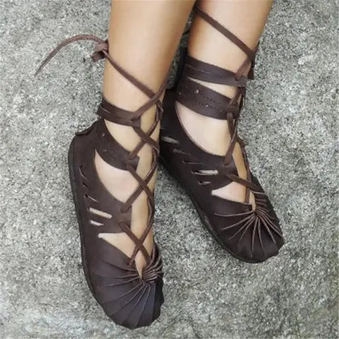 Gothic Mid Century Vintage Boots for Women Elf Witch Leaves Lace Up Shoes Cosplay Costume Vintage Strappy Flat Sandals Summer