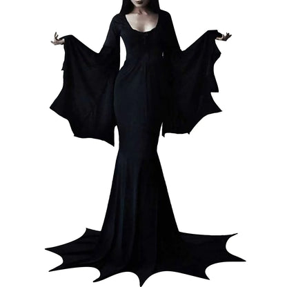 Witchy Costume Morticia Addams Wednesday Train Floor Dress Women Halloween Witch Dark Outfit Gothic Gown Robe Horror For Adult