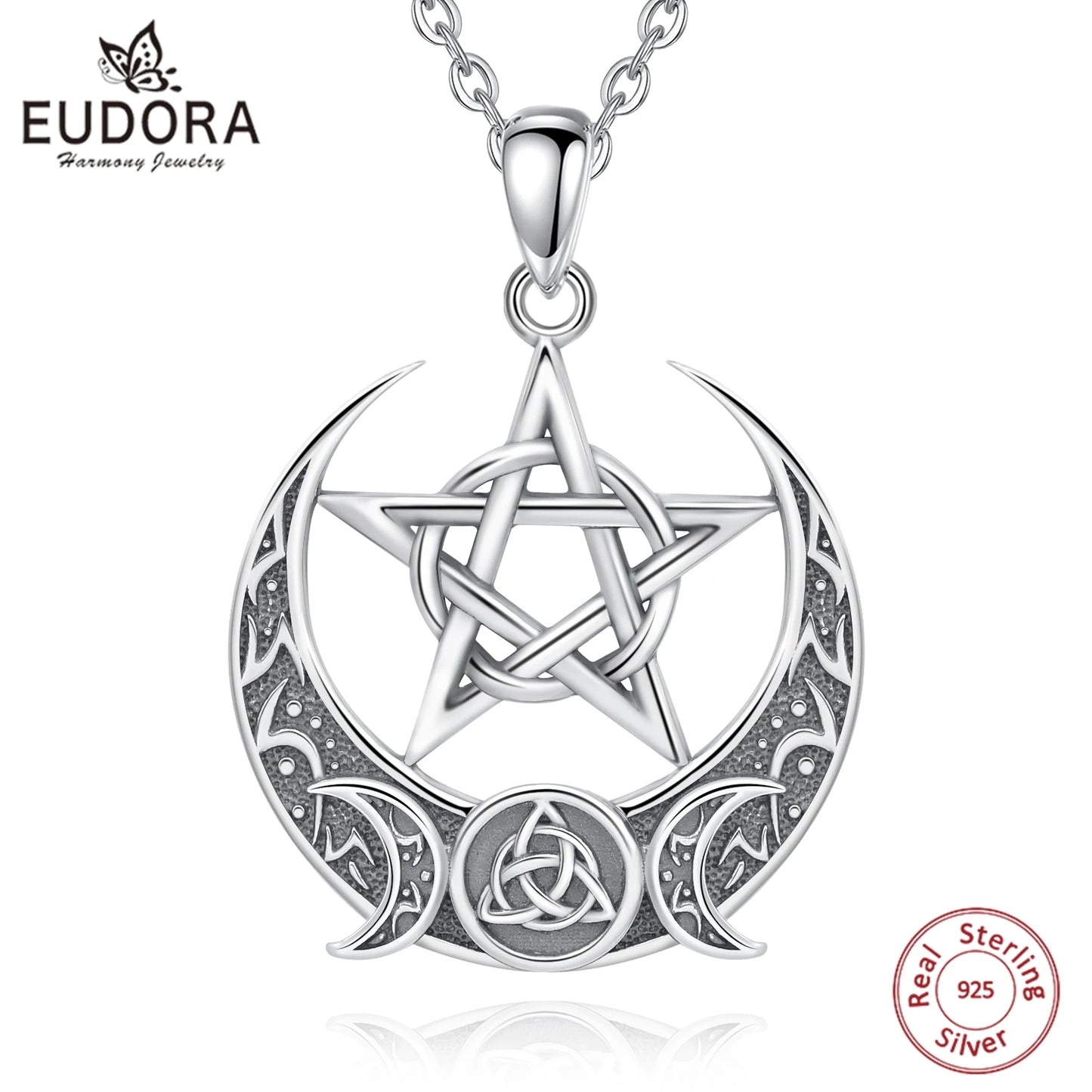 Eudora 925 Sterling Silver Witch Pentagram Necklace for Man Women Celtic Knot Triple Moon Goddess Witchcraft Pendant Wicca Gift