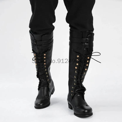 Medieval Retro Men Knight Boots Carnival Gothic British Style Soldier Prince Cosplay Leather Boot Party Fashion Bandage Shoes