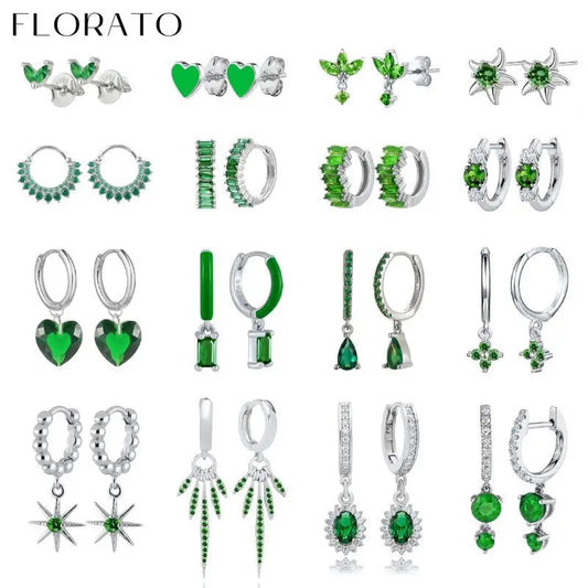 Florato 925 Sterling Silver Ear Needle Turquoise Silver Series Hoop Drop Earrings For Women Vintage green Zircon studs Jewelry