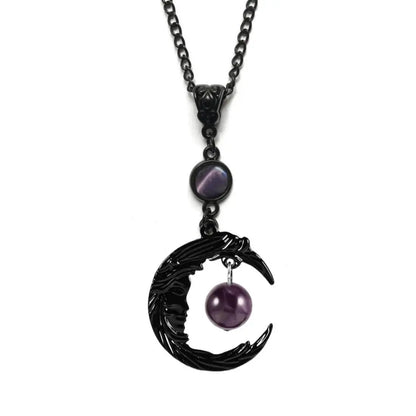 Gothic Magic Amethyst Pendant Necklace Natural Crystal Stone Moon Goddess Charm Choker Amulet Wicca Jewelry Gifts