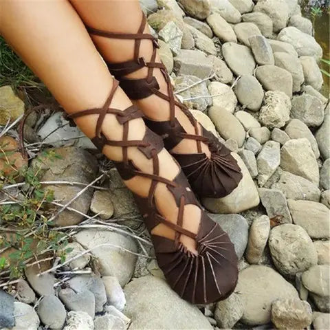 Gothic Mid Century Vintage Boots for Women Elf Witch Leaves Lace Up Shoes Cosplay Costume Vintage Strappy Flat Sandals Summer