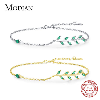 MODIAN 925 Sterling Silver Green Leaf Zirconia Adjustable Link Chain Bracelet For Women Fashion Wedding Jewelry Accessories