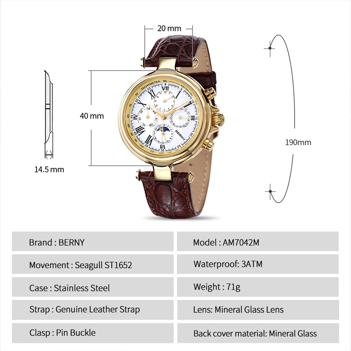 BERNY Automatic Retro Watch for Men Sun&Moon Phase Luxury Mechanical Wristwatch Luminous Seagull ST1652 Men Dress Classic Watch