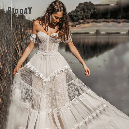 Elegant A-Line Wedding Dresses Women Open Back Off The Shoulder Sweetheart Lace Boho Bridal Gown Sweep Train Vestidos De Noiva