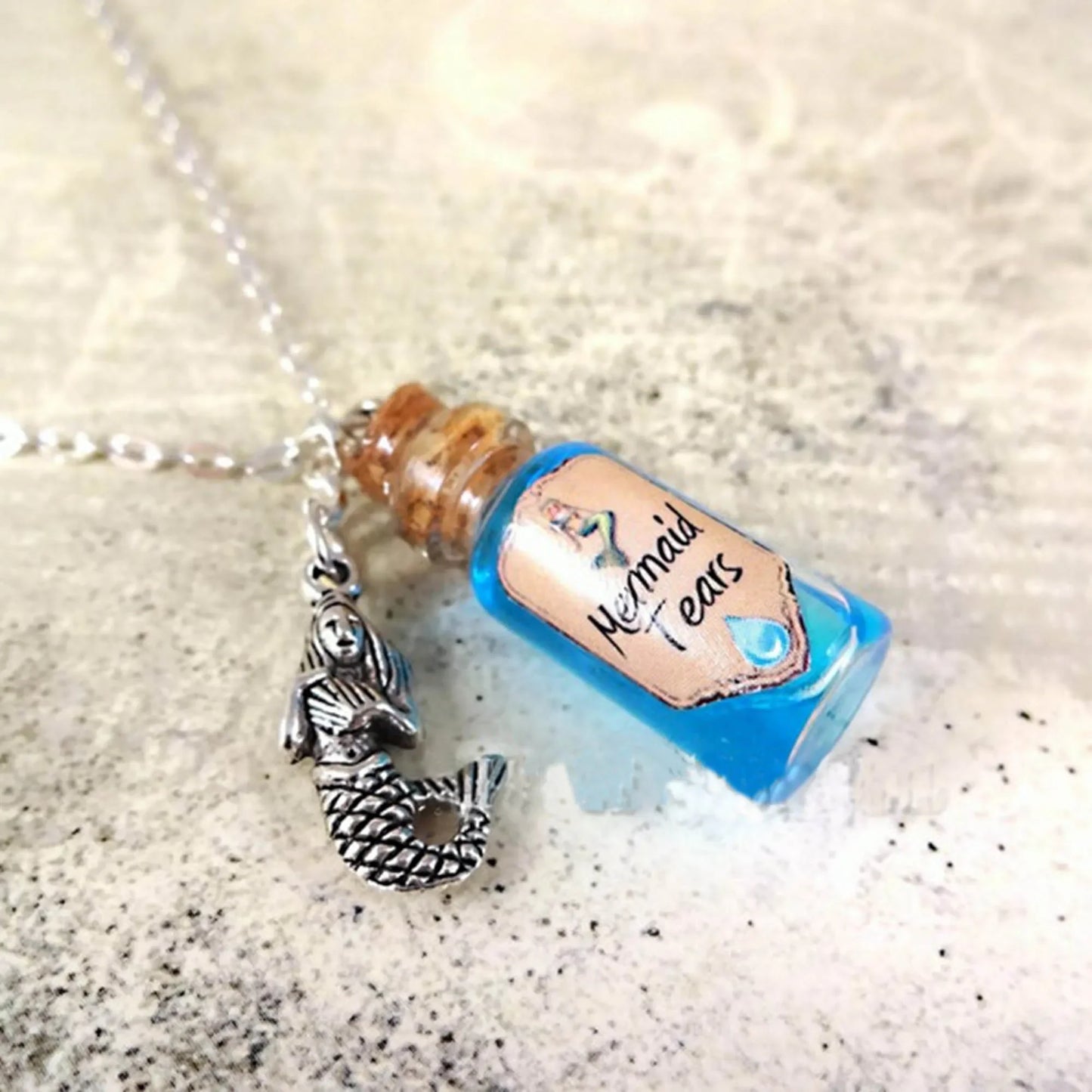 Mermaid Tears Bottle Necklace Glass Cork Potion Vial Charm Blue Liquid Shimmer Magic Spells Once Upon A Time