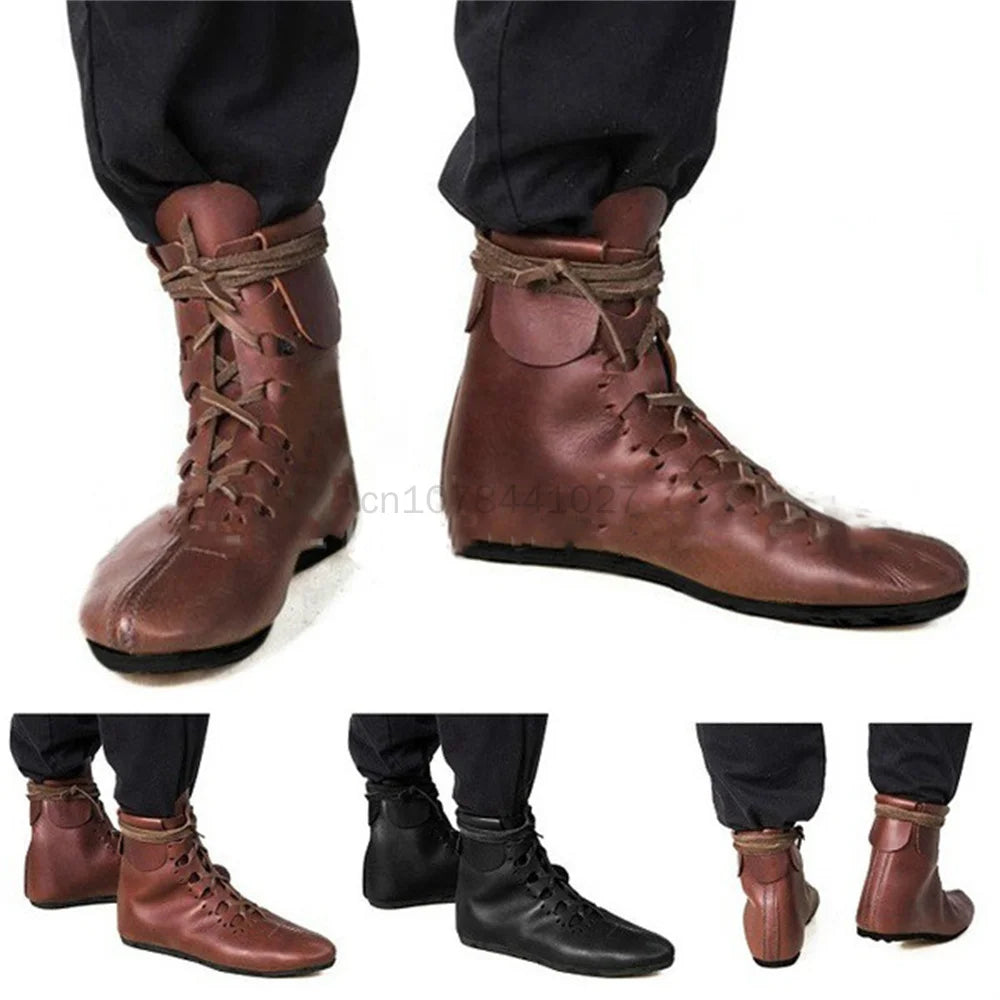 2023 Gothic Medieval Retro Knight PU Leather Shoes Boots Halloween Carnival Viking Pirate Prince Performance Role-playing Props