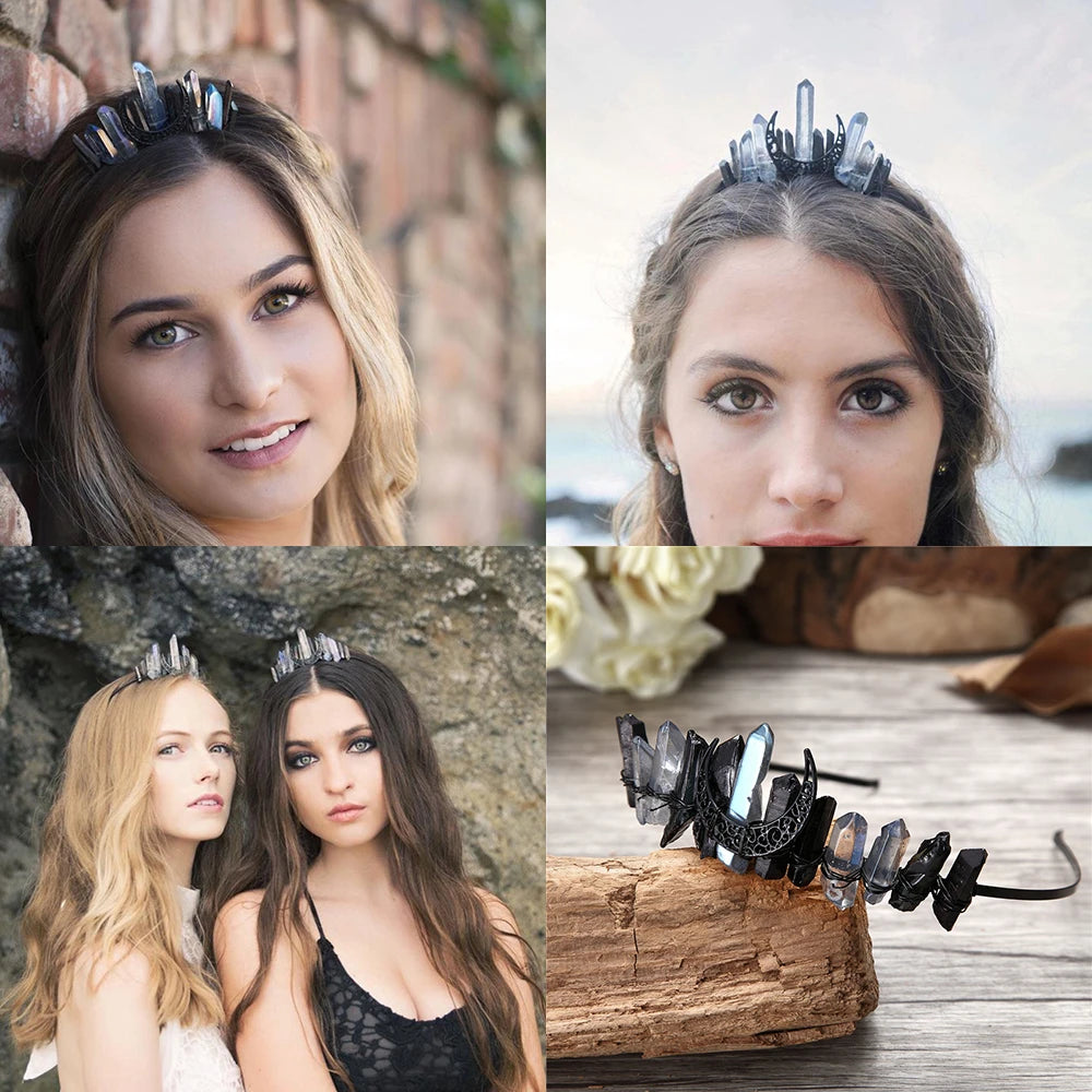 Gothic Natural Crystal Moon Hair Jewelry Women Raw Quartz Tiara Wicca Witch Headdress Electroplated Colorful Creative Prom Crown