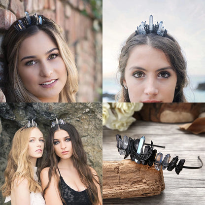 Gothic Natural Crystal Moon Hair Jewelry Women Raw Quartz Tiara Wicca Witch Headdress Electroplated Colorful Creative Prom Crown