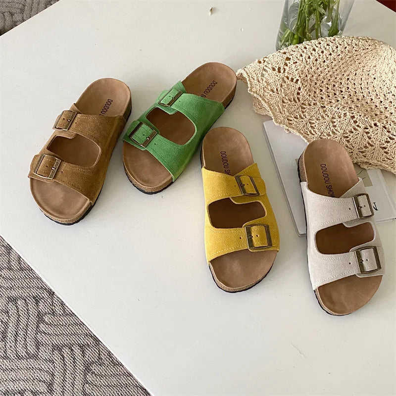 2024 Summer Women's Two Buckle Cork Slippers Cow Suede Leather Flats Sandals For Women Retro Fashion Garden Mule Clog Slides