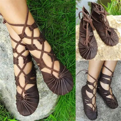 Gothic Mid Century Vintage Boots for Women Elf Witch Leaves Lace Up Shoes Cosplay Costume Vintage Strappy Flat Sandals Summer