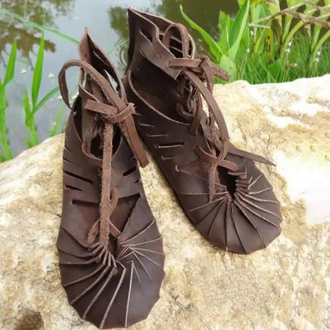 Gothic Mid Century Vintage Boots for Women Elf Witch Leaves Lace Up Shoes Cosplay Costume Vintage Strappy Flat Sandals Summer