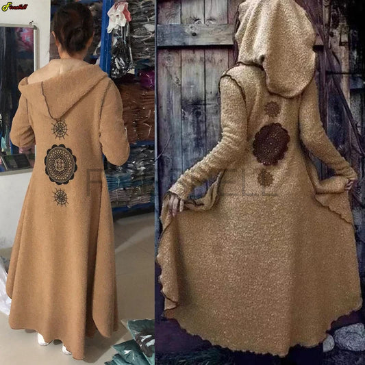 2024 Women's Medieval Witch Cosplay Costume Retro Autumn Winter Lamb Wool Hooded Splicing Printed Cloak Coat Halloween Outwear