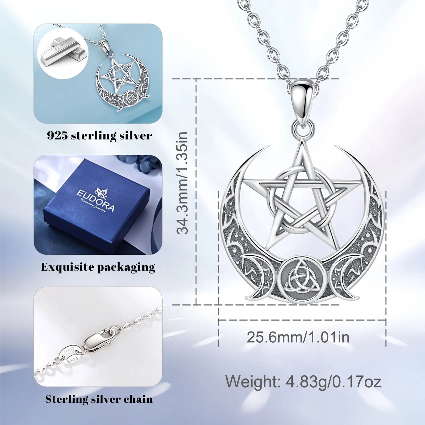 Eudora 925 Sterling Silver Witch Pentagram Necklace for Man Women Celtic Knot Triple Moon Goddess Witchcraft Pendant Wicca Gift