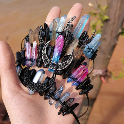 Gothic Natural Crystal Moon Hair Jewelry Women Raw Quartz Tiara Wicca Witch Headdress Electroplated Colorful Creative Prom Crown