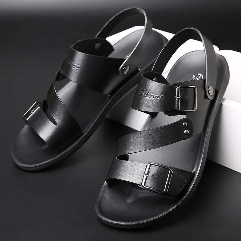 Men Sandals Solid Color PU Leather Men Shoes Summer Comfortable Open Toe Leather Mens Sandals Beach Rome Zapatos Para Hombres