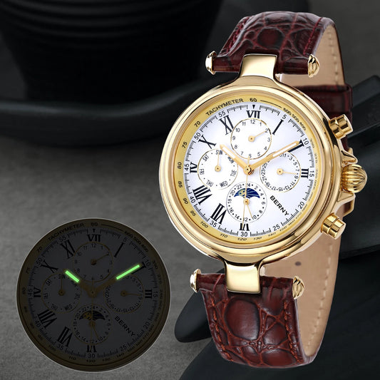 BERNY Automatic Retro Watch for Men Sun&Moon Phase Luxury Mechanical Wristwatch Luminous Seagull ST1652 Men Dress Classic Watch