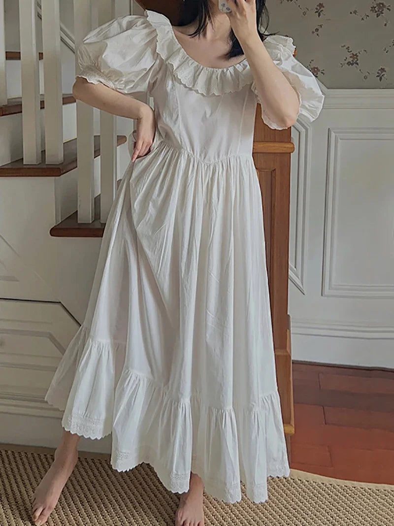 Vintage Pajama Nightdress Retro Hepburn Princess Ruffles Girl Bubble Sleeve Cotton Loose Sleepwear Summer Victorian Nightgowns